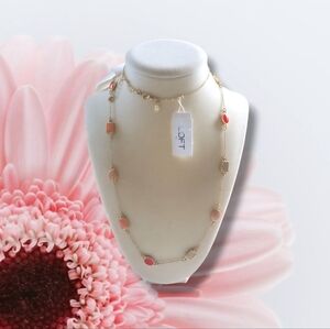 LOFT | NWT Long Delicate Gold Tone Coral/Peach Rhinestone Beaded Necklace